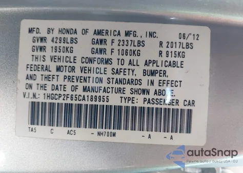 2012 Honda Accord 2.4 Se из США, поврежденный, VIN 1HGCP2F65CA189955